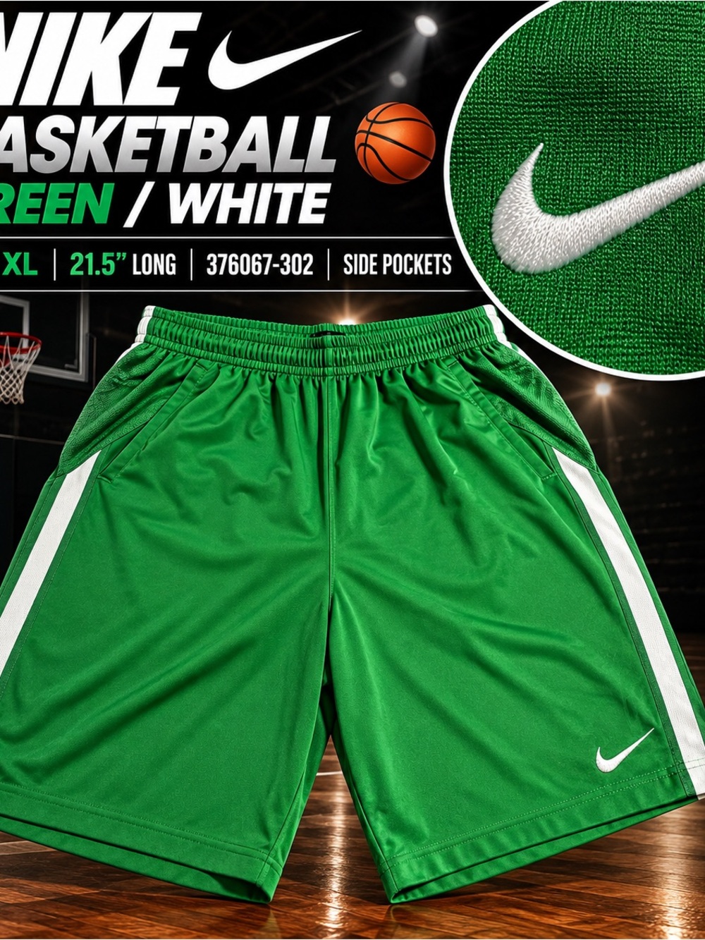 Nike Basketball Shorts Mens XL Green White Swoosh 376067-302 21.5”